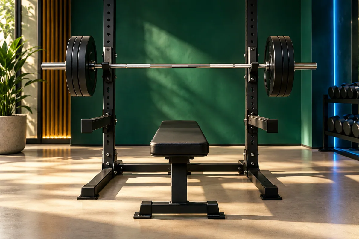 An empty flat bench and a symmetrically loaded barbell sit in a precisely arranged rack.
