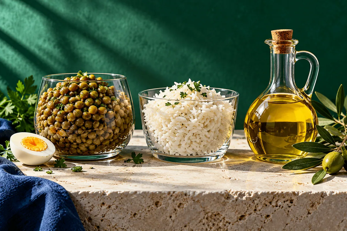 Three clear vessels display protein-rich lentils, rice and golden olive oil.