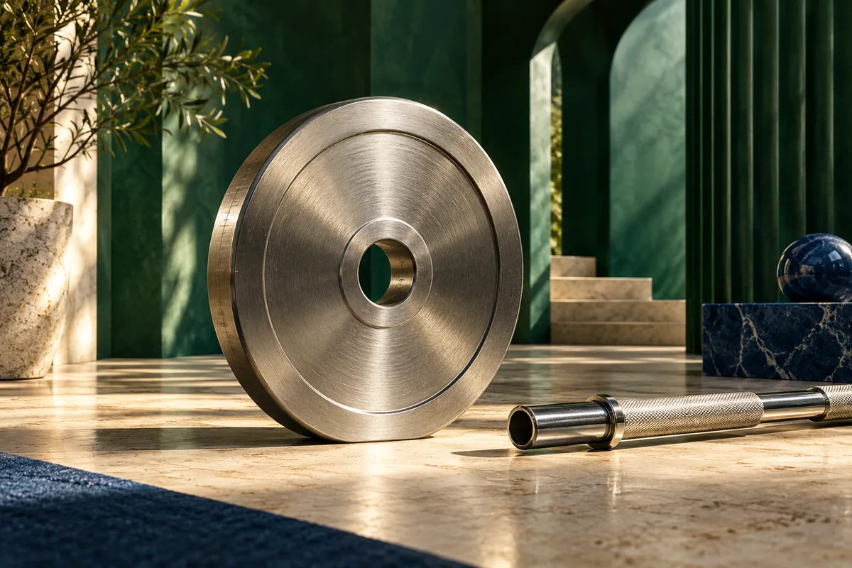 A single monumental steel weight disk stands in a dramatic shaft of light.