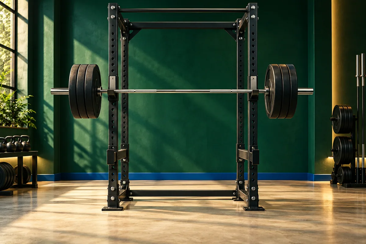 A securely racked barbell is framed by the architectural lines of a squat rack.