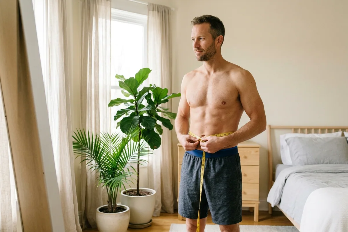A fit, athletic man calmly uses a flexible tape measure at his waist in a bright, tranquil bedroom, exuding self-assurance.