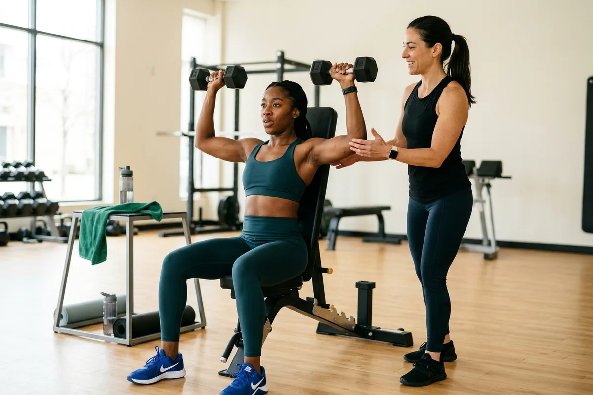 A focused woman performs a controlled dumbbell press under the guidance of her attentive personal trainer in a bright, modern studio.