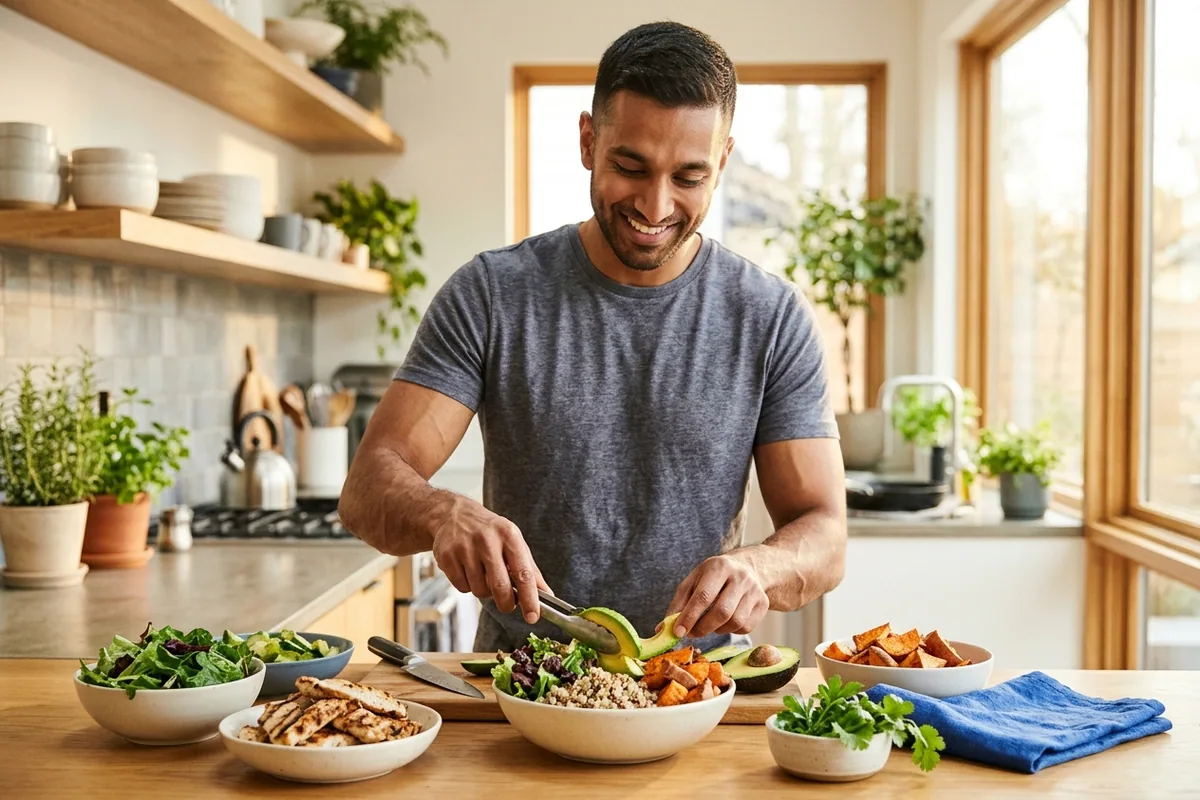 A smiling, fit South Asian man assembles a vibrant, balanced bowl with grilled chicken, avocado, and colorful vegetables in a sunny kitchen.