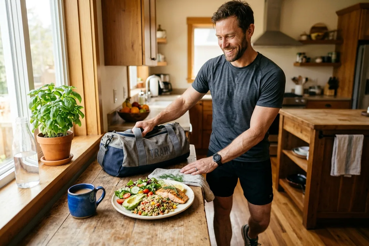 An athletic man returns home from training, smiling in anticipation as he stands by an inviting, nutrient-dense post-workout meal in a sunny kitchen.