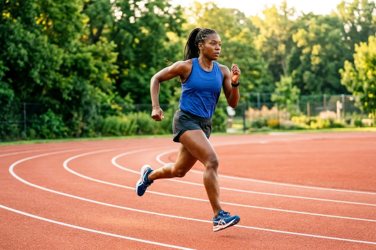 An athletic female runner strides smoothly along an outdoor running track in morning daylight, showing focus and endurance.
