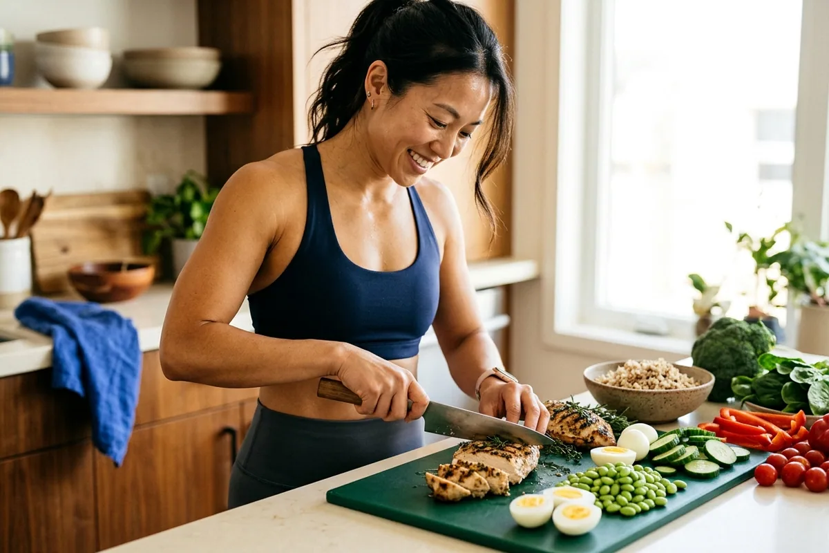 A toned woman in athletic apparel prepares a fresh, protein-rich meal with grilled chicken and greens in a sunlit home kitchen.