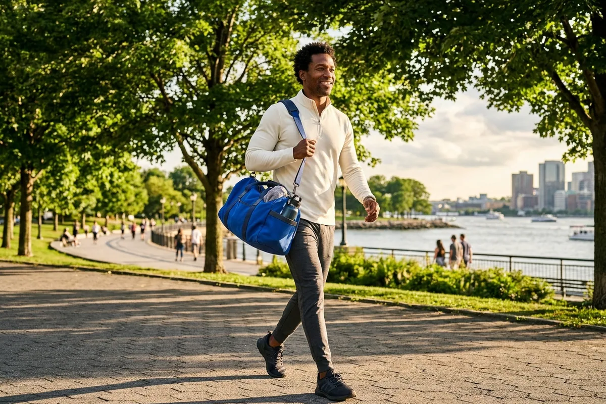 An energetic athletic man walks briskly from work toward an outdoor workout in late-afternoon sunlight, carrying his gym bag.