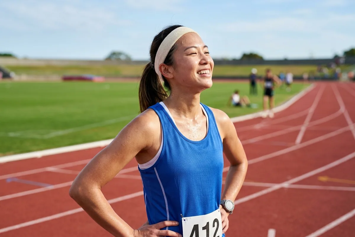 A proud female endurance runner catches her breath with a triumphant smile at the finish line of an outdoor track.